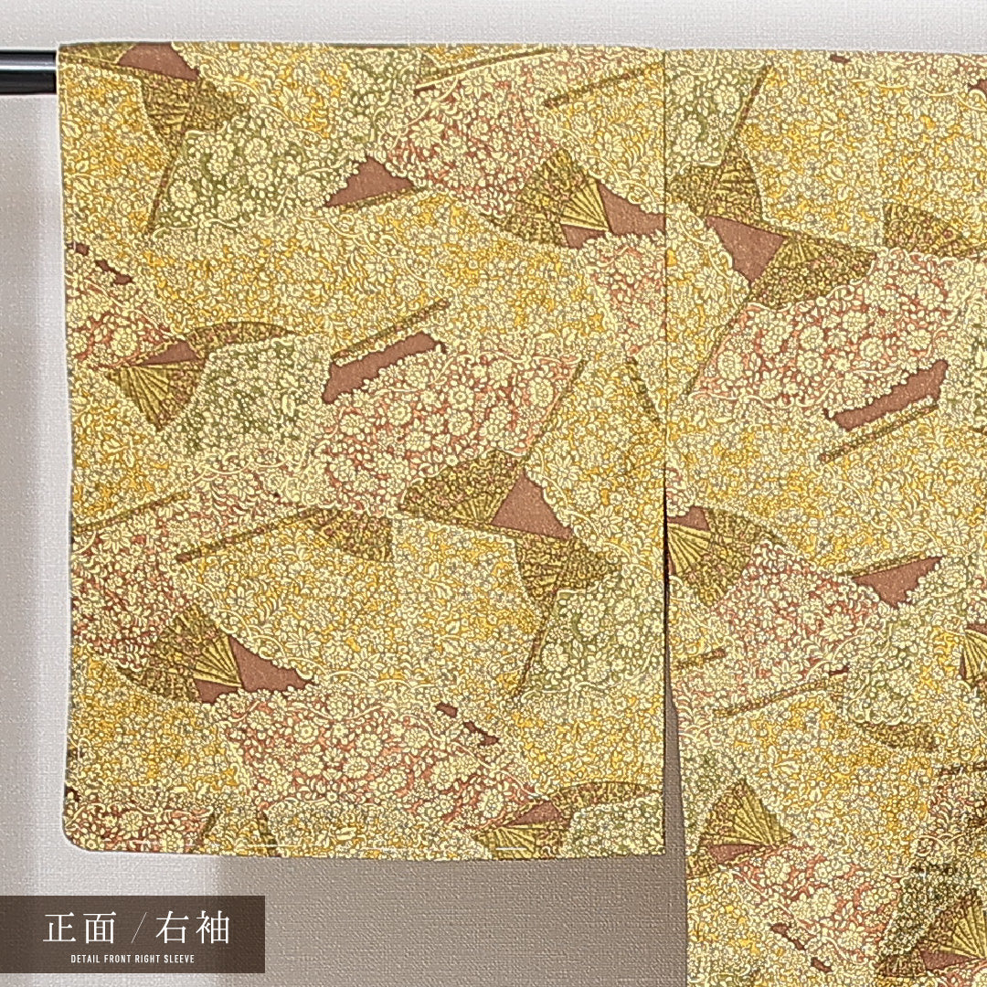 小紋 袷 身丈153cm 裄丈61cm 正絹 Sランク インフォーマル 広衿 Sサイズ 扇 花柄 黄系 RP 1221-14911