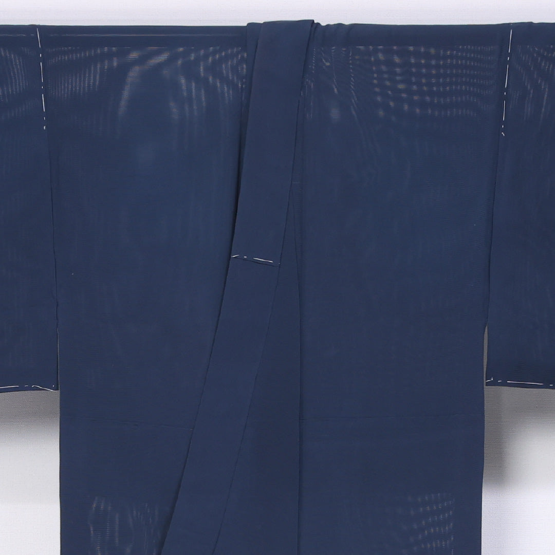男着物 夏物 紗 身丈139cm 裄丈66cm 正絹 Sランク Sサイズ バチ衿 カジュアル 無地 紺系 1219-06289