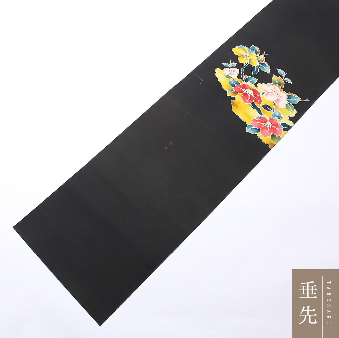 八寸名古屋帯 Bランク 帯丈348cm 正絹 ポイント柄 松葉仕立て 染め インフォーマル 塩瀬 京紅型 椿 黒系 RP 1245-02502