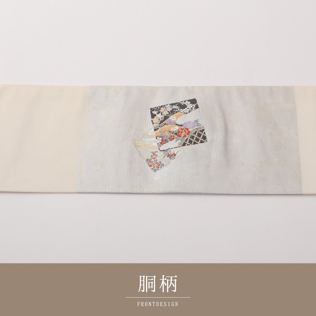 九寸名古屋帯 Sランク 帯丈357cm 正絹 ポイント柄 名古屋仕立て 織り セミフォーマル 色紙重ね 銀系 RP 1245-02238
