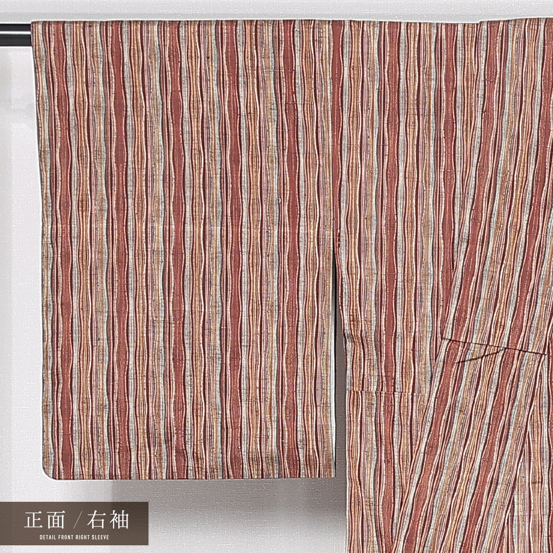 紬 袷 身丈163cm 裄丈65cm 正絹 Sランク カジュアル 広衿 Lサイズ よろけ縞 多色系 RP 1223-11922