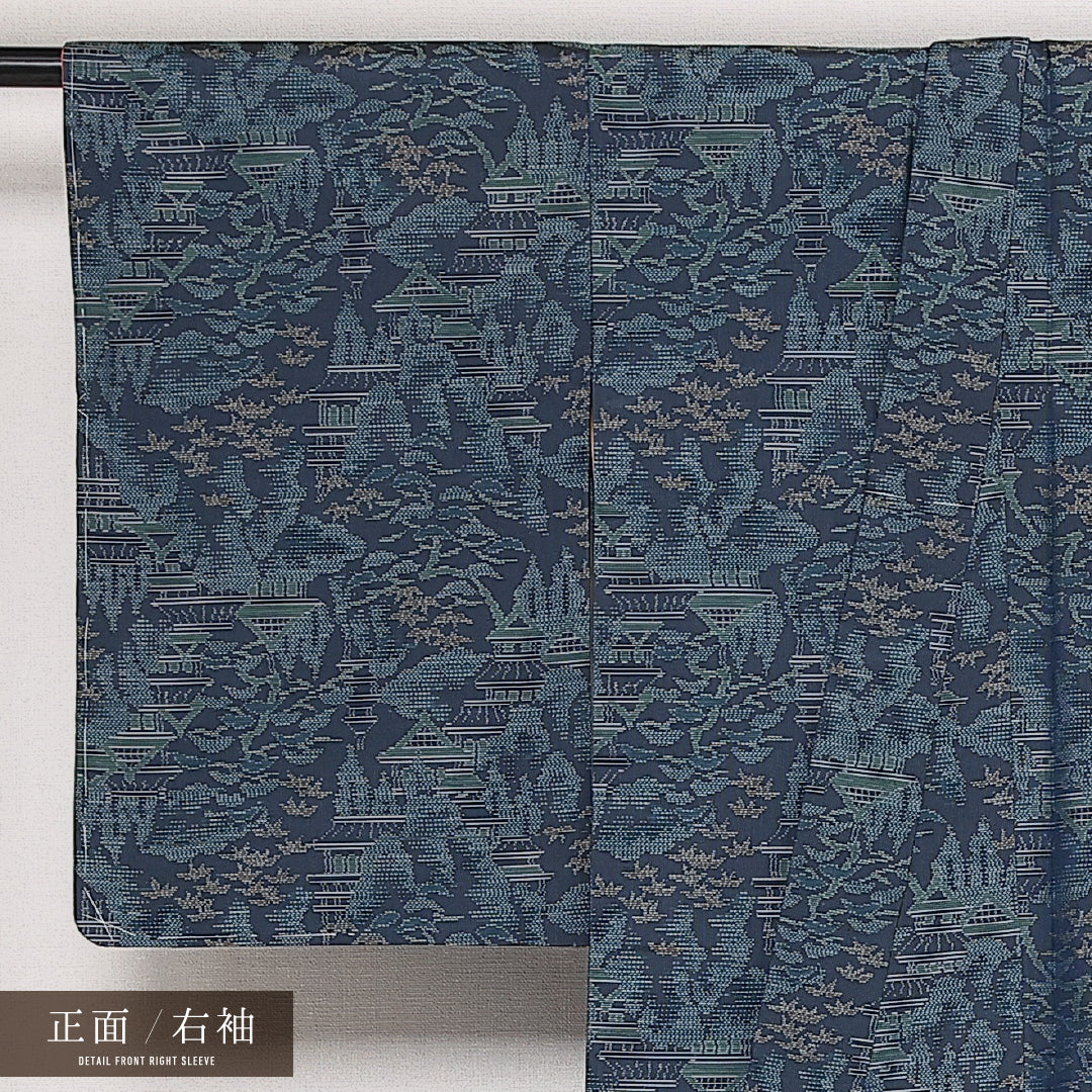 大島紬 袷 身丈149cm 裄丈63cm 正絹 Bランク インフォーマル 広衿 XSサイズ しつけ糸 楼閣 紺系 RP 1223-13661