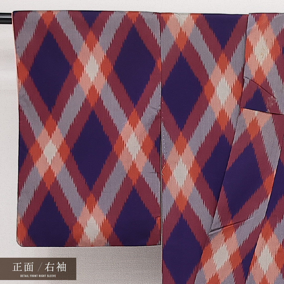 アンティーク お召 袷 身丈149cm 裄丈62cm 正絹 Cランク バチ衿 XSサイズ 菱 多色系 RP 1222-14251