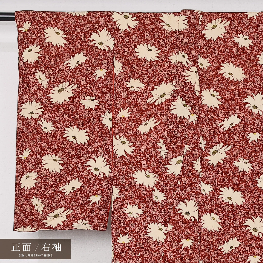 アンティーク 小紋 袷 身丈140cm 裄丈56cm 正絹 Aランク バチ衿 XSサイズ 菊 唐菊 赤系 M4 1221-12506