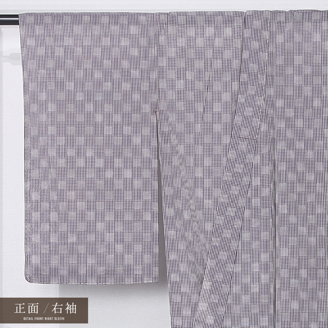 夏物 紬 身丈156cm 裄丈61cm Bランク M 正絹 夏紬 バチ衿 市松 カジュアル 紫系 1216-12302