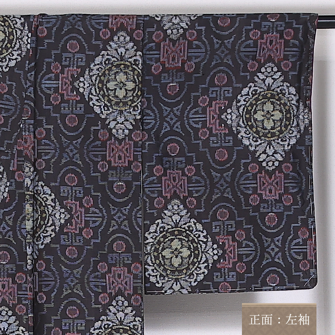 紬 袷 身丈150cm 裄62cm 正絹 アラベスク グレー系 Sランク 1216-01478