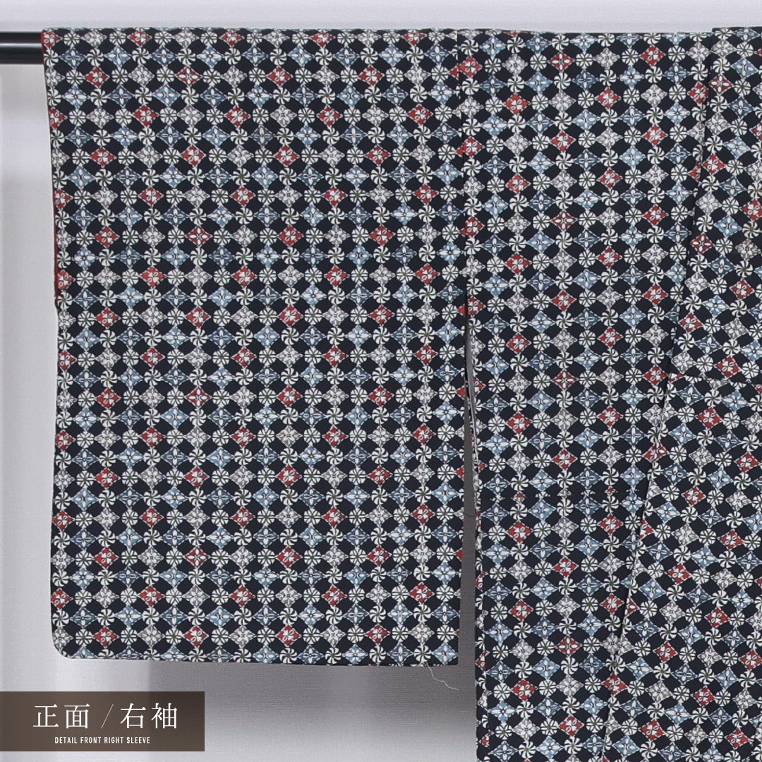 小紋 袷 身丈154cm 裄丈62cm 正絹 Cランク インフォーマル 広衿 Sサイズ 花菱 風車 黒系 LP 1221-11411
