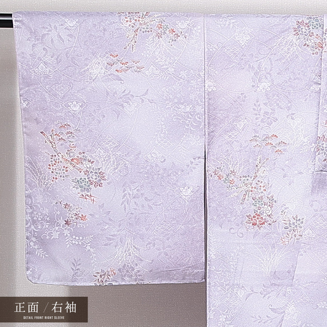 未使用品 洗える着物 小紋 袷 身丈156cm 裄丈63cm ポリエステル Nランク インフォーマル 広衿 Mサイズ しつけ糸 吉祥文様 紫系 RP 1221-14913