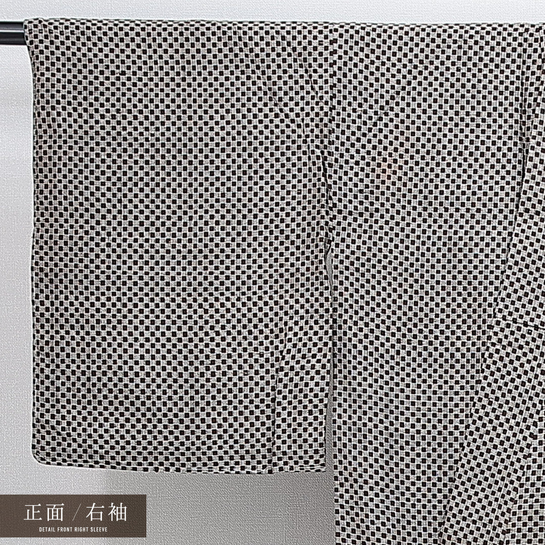 紬 袷 身丈143cm 裄丈62cm 正絹 Aランク XSサイズ バチ衿 カジュアル 市松 茶系 1216-14854