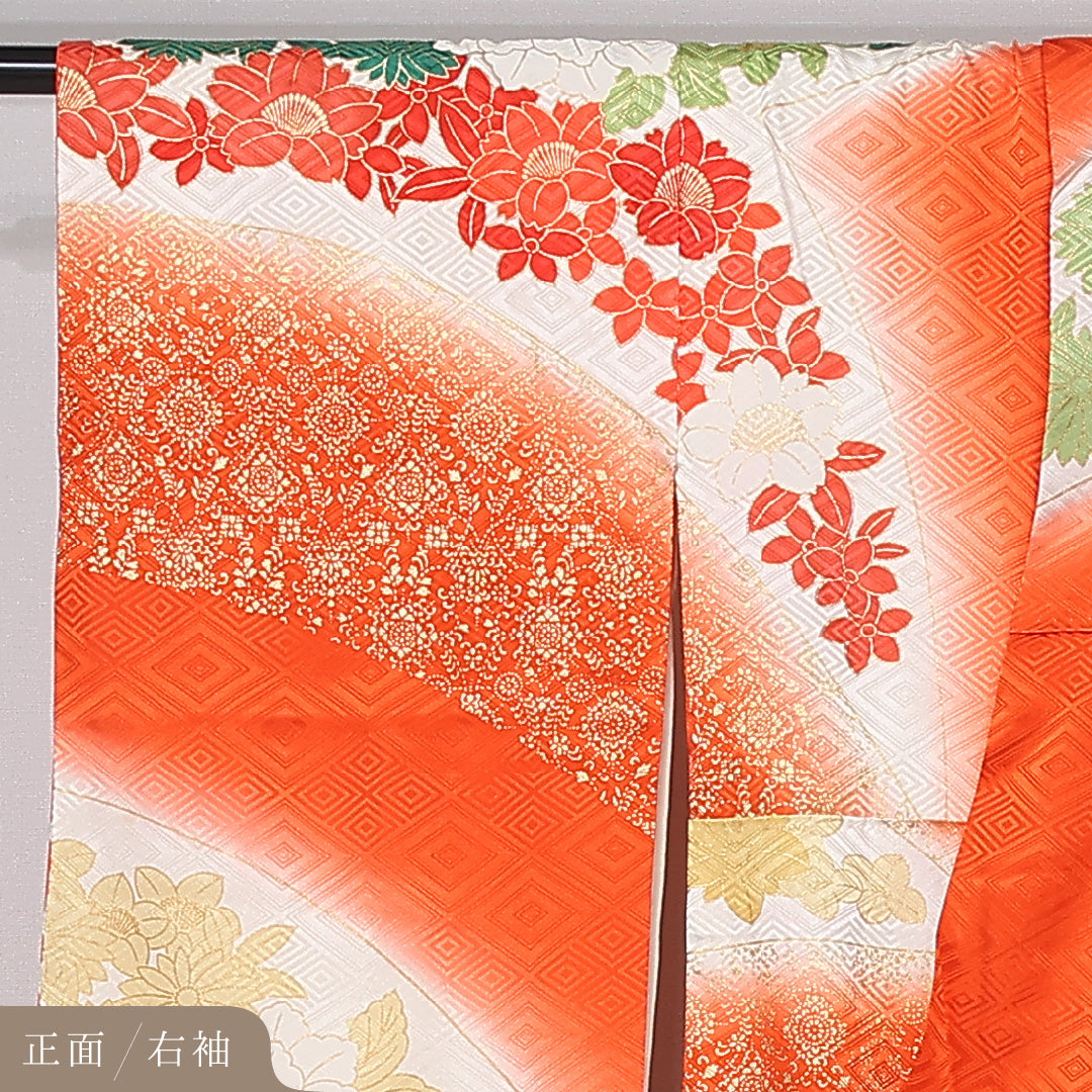 振袖 身丈157cm 裄丈64.5cm Sランク 袷 正絹 XL 広衿 ぼかし 金彩 刺繍 金駒刺繍 吉祥文様 古典柄 牡丹 花柄 朱系 1213-F0429