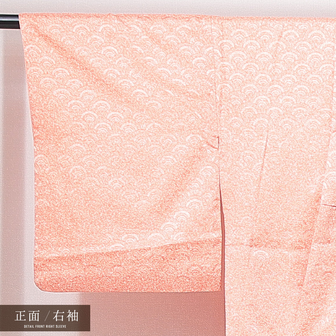 小紋 洗える着物 袷 身丈166cm 裄丈65cm ポリエステル Sランク XLサイズ 広衿 インフォーマル 青海波 ピンク系 白系 1215-14979