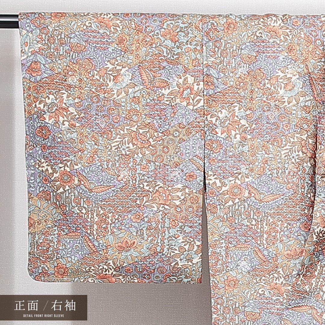 洗える着物 小紋 袷 身丈161cm 裄丈63cm ポリエステル Sランク インフォーマル 広衿 Lサイズ 更紗柄 多色系 RP 1221-14908