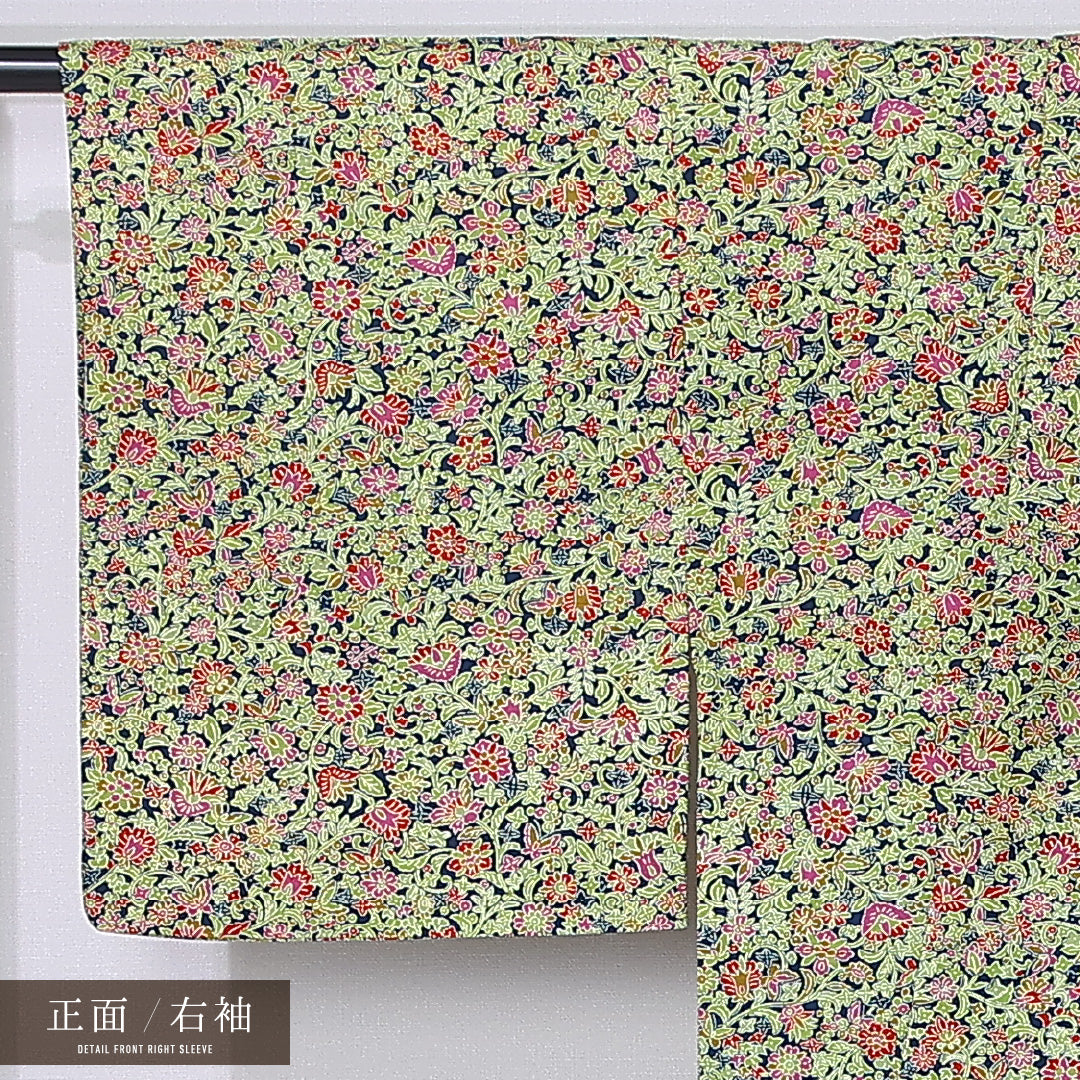 小紋 身丈161cm 裄丈62.5cm Sランク L 正絹 単衣 広衿 唐華 カジュアル 緑系 1215-12221