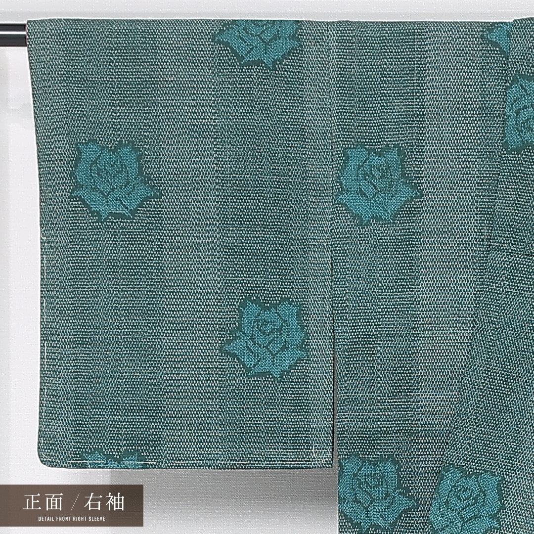 紬 袷 身丈152cm 裄丈63cm 正絹 Aランク カジュアル 広衿 Sサイズ 縞 薔薇 緑系 HP 1223-11903