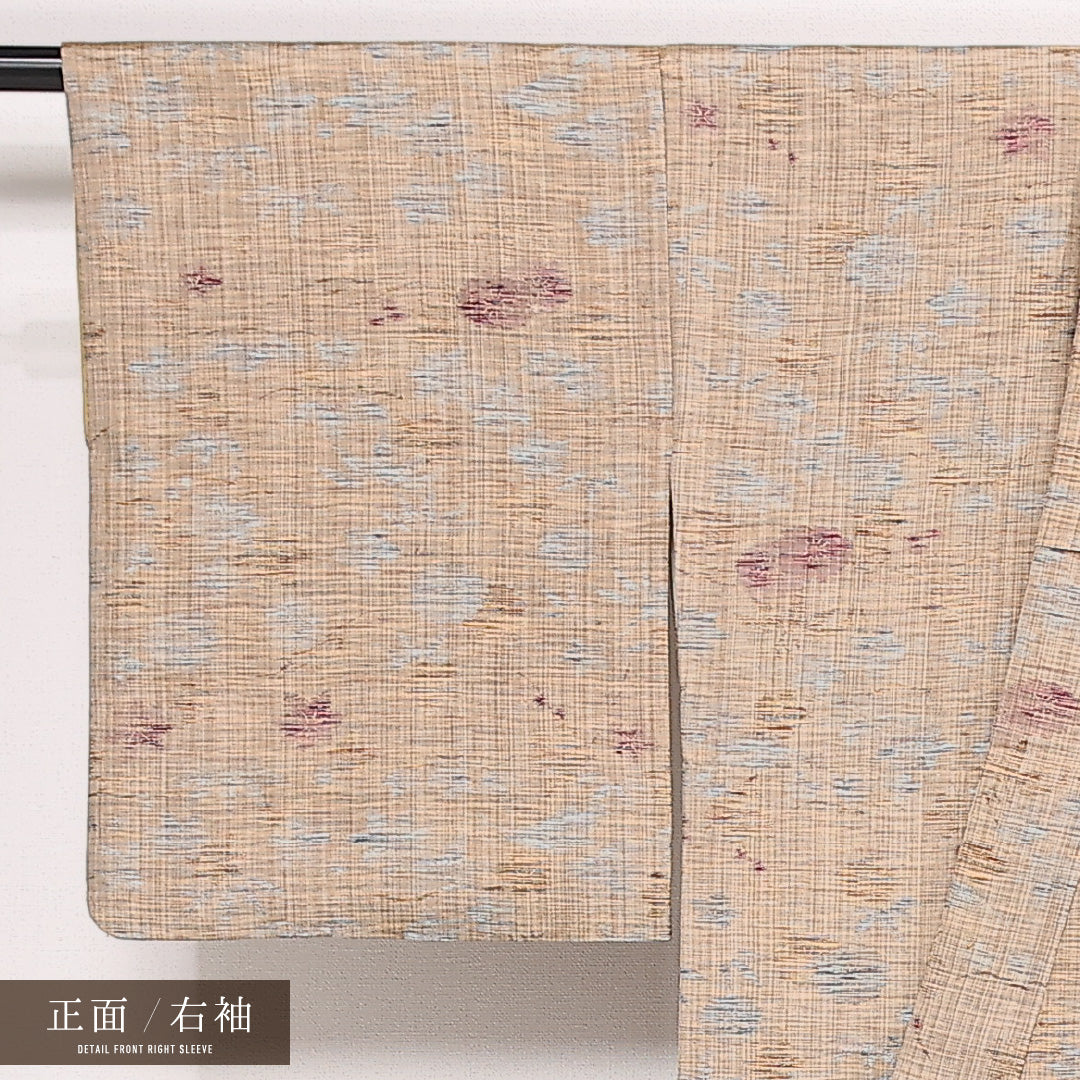 紬 袷 身丈151cm 裄丈64cm 正絹 Sランク カジュアル バチ衿 Sサイズ 笹 紅葉 ベージュ系 RP 1223-13374
