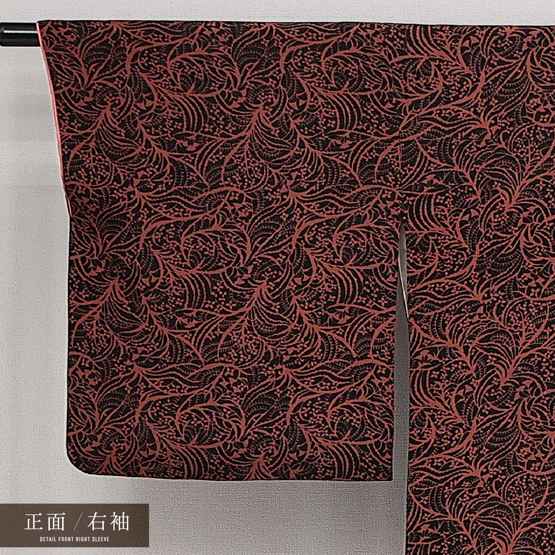 アンティーク 小紋 袷 身丈146cm 裄丈61cm 正絹 Aランク 広衿 XSサイズ 植物柄 黒系 RP 1221-14348