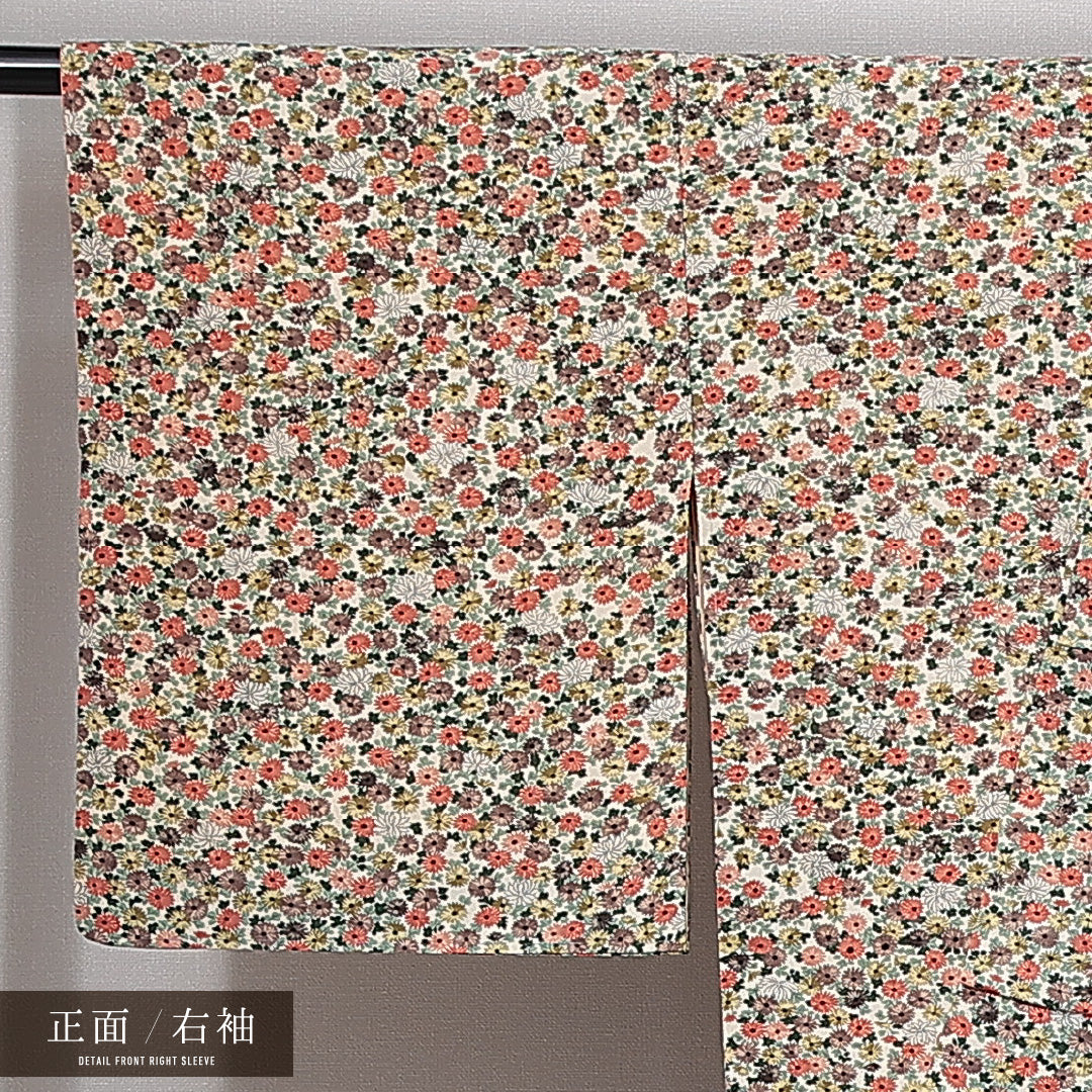 小紋 袷 身丈156cm 裄丈63cm 正絹 Aランク Mサイズ 広衿 インフォーマル 菊 クリーム系 1215-14997