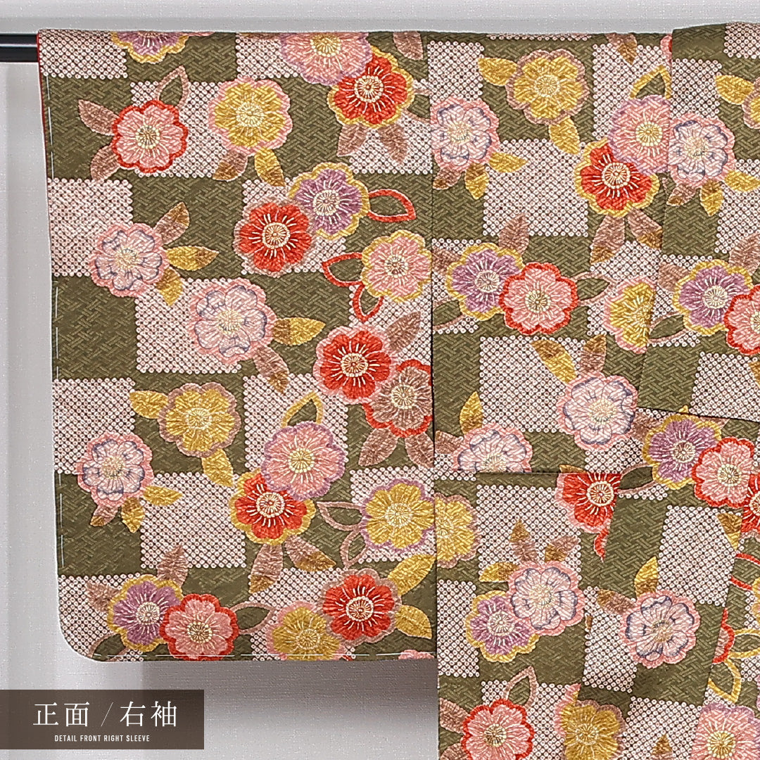 小紋 袷 身丈165cm 裄丈66cm 正絹 Sランク インフォーマル 広衿 XLサイズ 辻が花 市松 多色系 RP 1221-12061