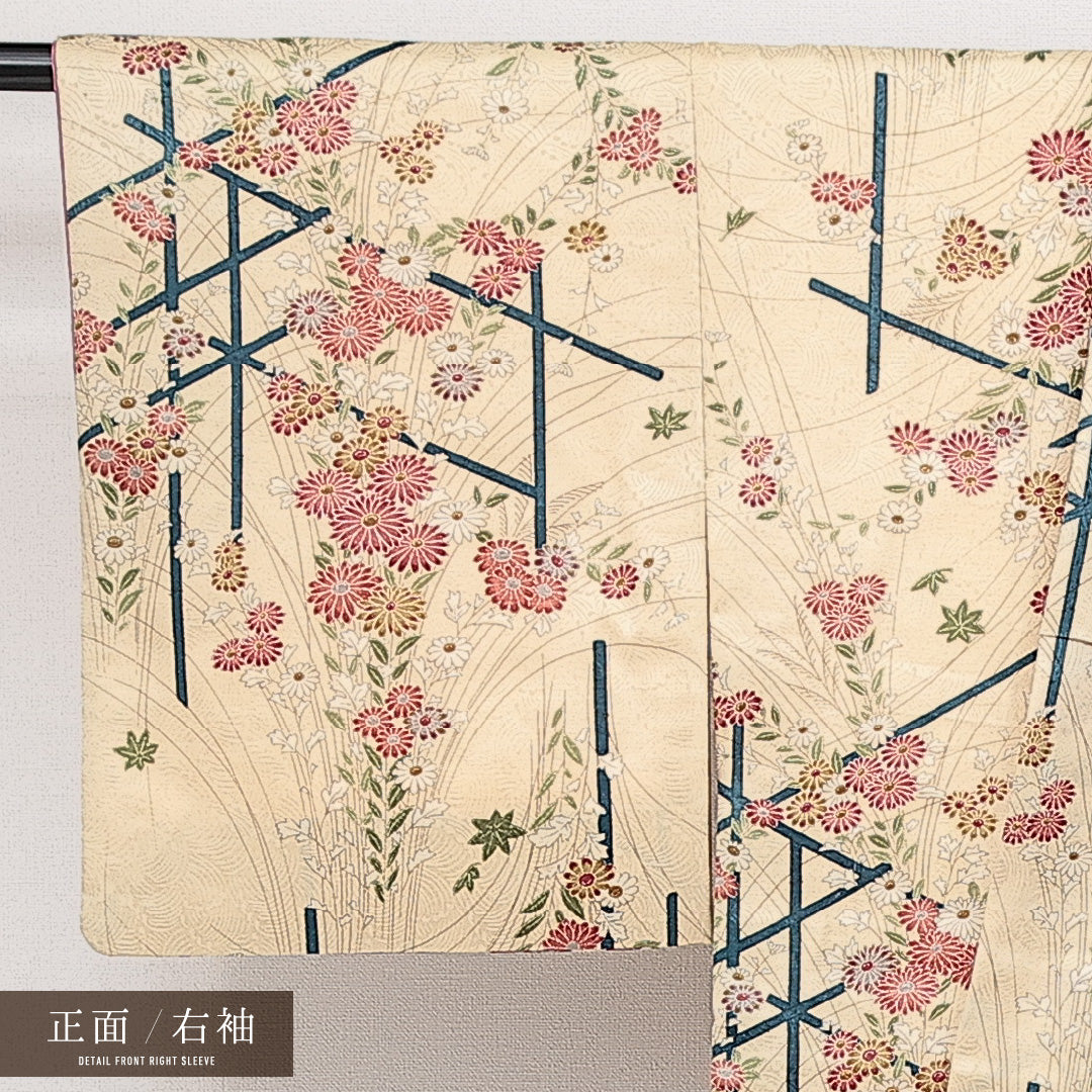 小紋 洗える着物 袷 身丈151cm 裄丈62cm ポリエステル Bランク Sサイズ バチ衿 インフォーマル 菊 ベージュ系 1215-14600