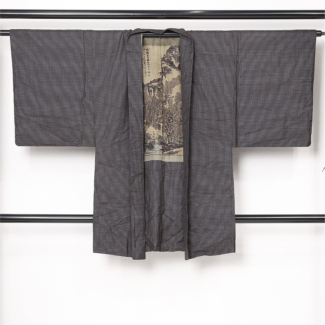 羽織 男性用 袷 身丈93cm 裄丈66cm 正絹 Cランク カジュアル Sサイズ 格子絣 グレー系 LP 1235-13081