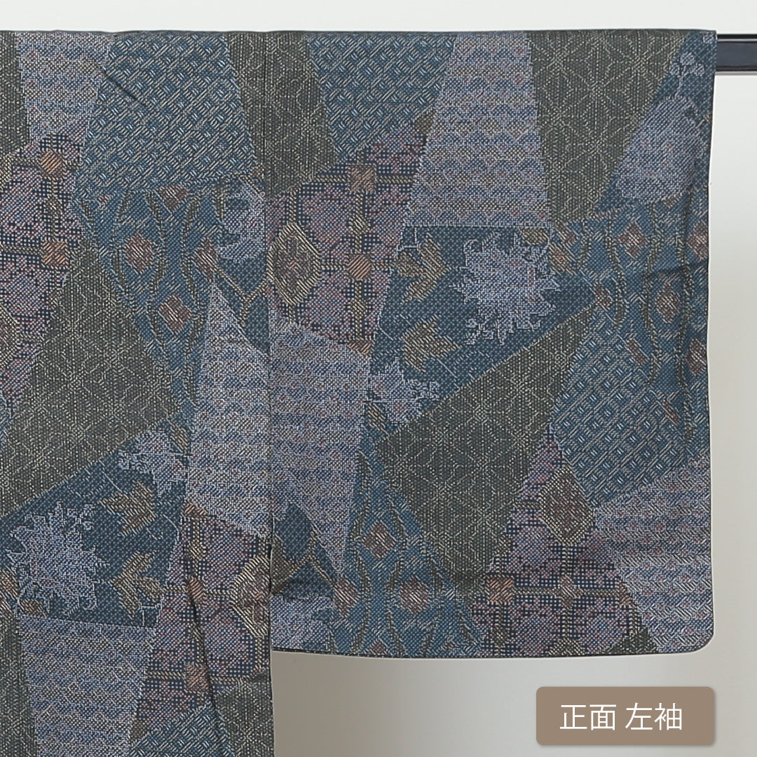 大島紬 単衣 身丈152cm 裄63cm 正絹 グレー系 Bランク 切嵌め風 1216003654222