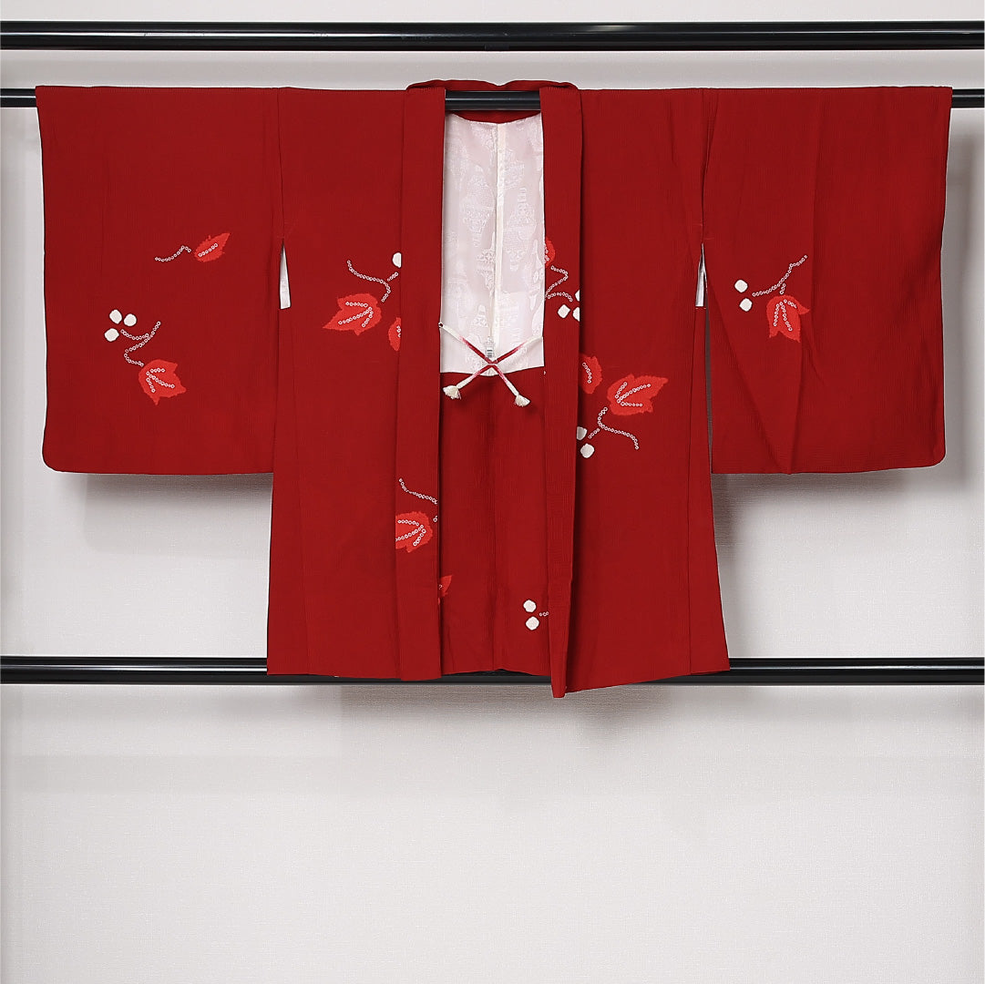 羽織 袷 身丈79cm 裄丈64cm 正絹 Aランク カジュアル Mサイズ 紐あり 植物柄 赤系 RP 1232-12824