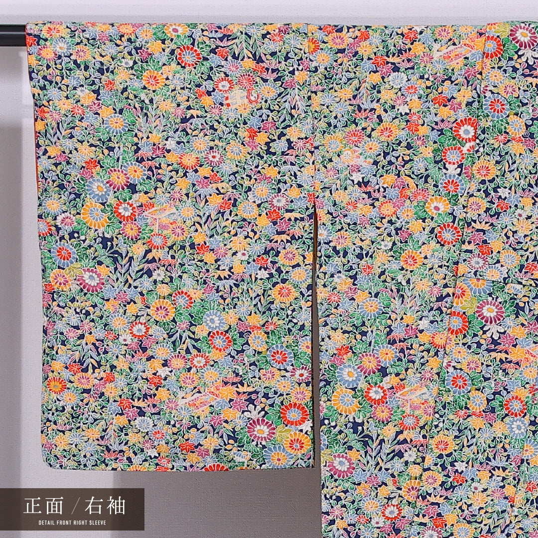 小紋 袷 身丈159cm 裄丈63cm 正絹 Sランク インフォーマル 広衿 Mサイズ 菊 植物柄 緑系 RP 1221-11747