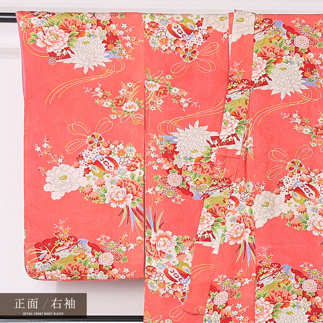 アンティーク 小紋 (錦紗) 袷 身丈139cm 裄丈60cm 正絹 Aランク バチ衿 XSサイズ 扇 花柄 朱系 M4 1221-12427