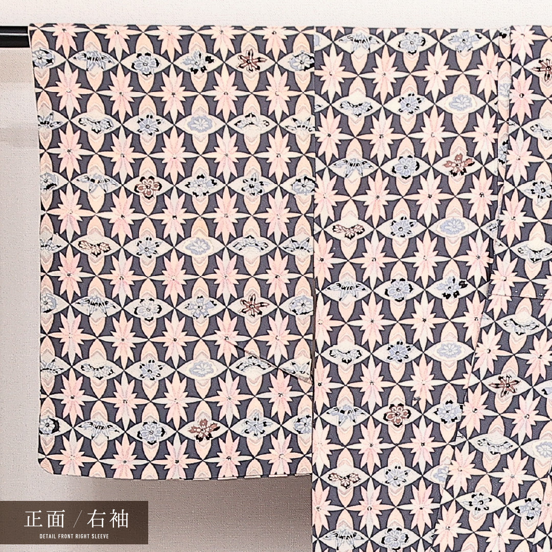 小紋 袷 身丈159cm 裄丈61cm 正絹 Sランク インフォーマル 広衿 Mサイズ 花柄 笹 グレー系 RP 1221-14091