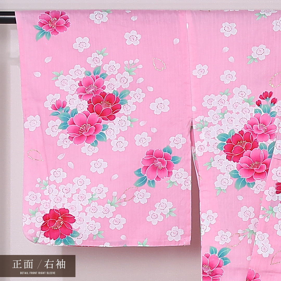 夏物 浴衣 身丈165cm 裄丈66.5cm Aランク XL 木綿 洗える着物 夏物 バチ衿 牡丹 桜 梅 カジュアル ピンク系 1218-12454