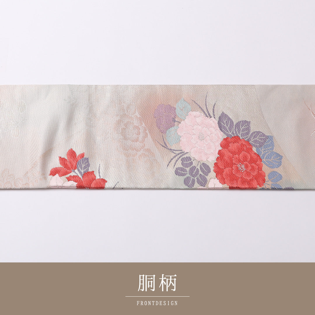 名古屋帯 六通 帯丈359cm セミフォーマル Aランク 正絹 綴れ織 牡丹 ピンク系 1224-02561