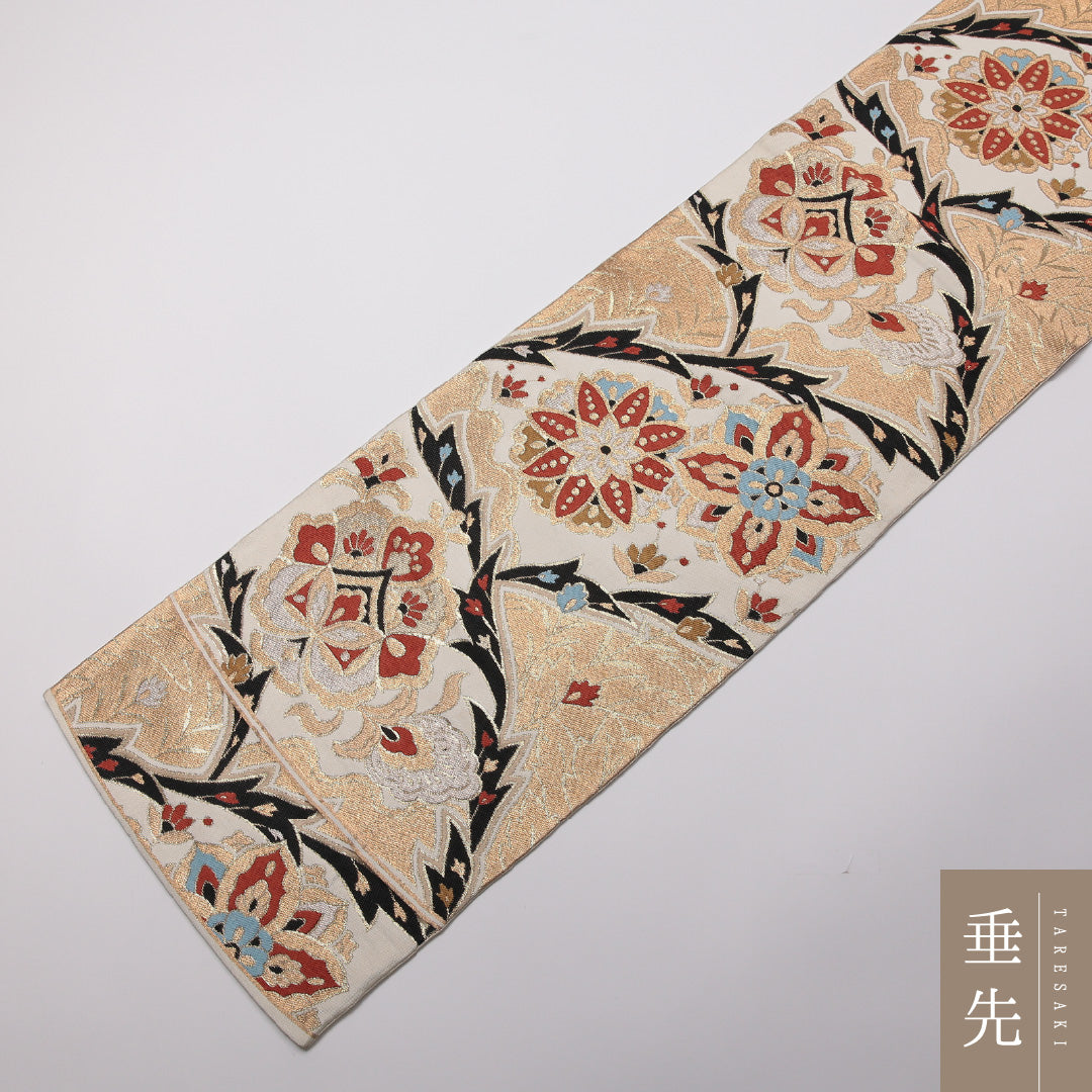 レトロ 袋帯 帯丈412cm 六通 宝相華 フォーマル クリーム系 正絹 Aランク 1223-01355