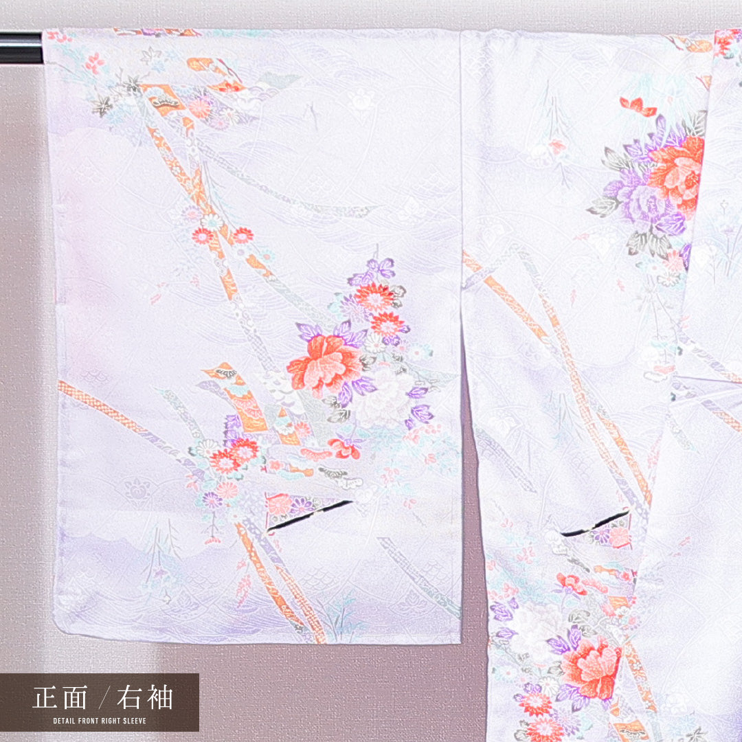 小紋 洗える着物 袷 身丈164cm 裄丈64cm ポリエステル Sランク Lサイズ 広衿 インフォーマル 牡丹 紫系 1215-14972