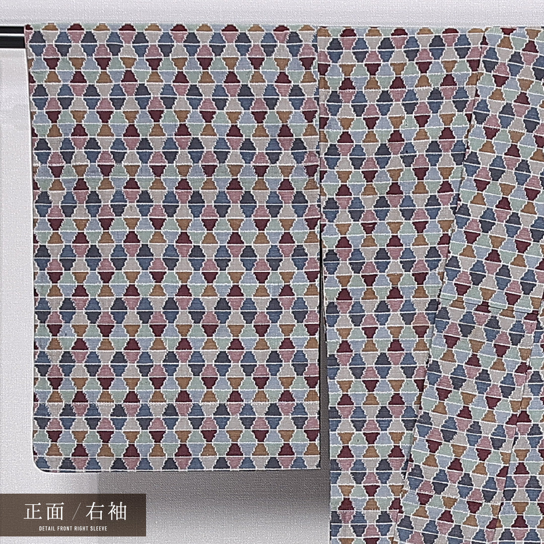 紬 袷 身丈160cm 裄丈63cm 正絹 Bランク カジュアル バチ衿 Lサイズ 創作柄 グレー系 RP 1223-11233