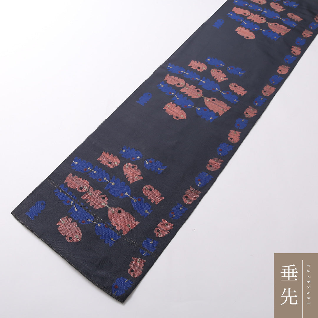 袋帯 帯丈438cm 六通 カジュアル Aランク 正絹 紬地 創作柄 レトロ 遊び心 グレー系 1223-01685