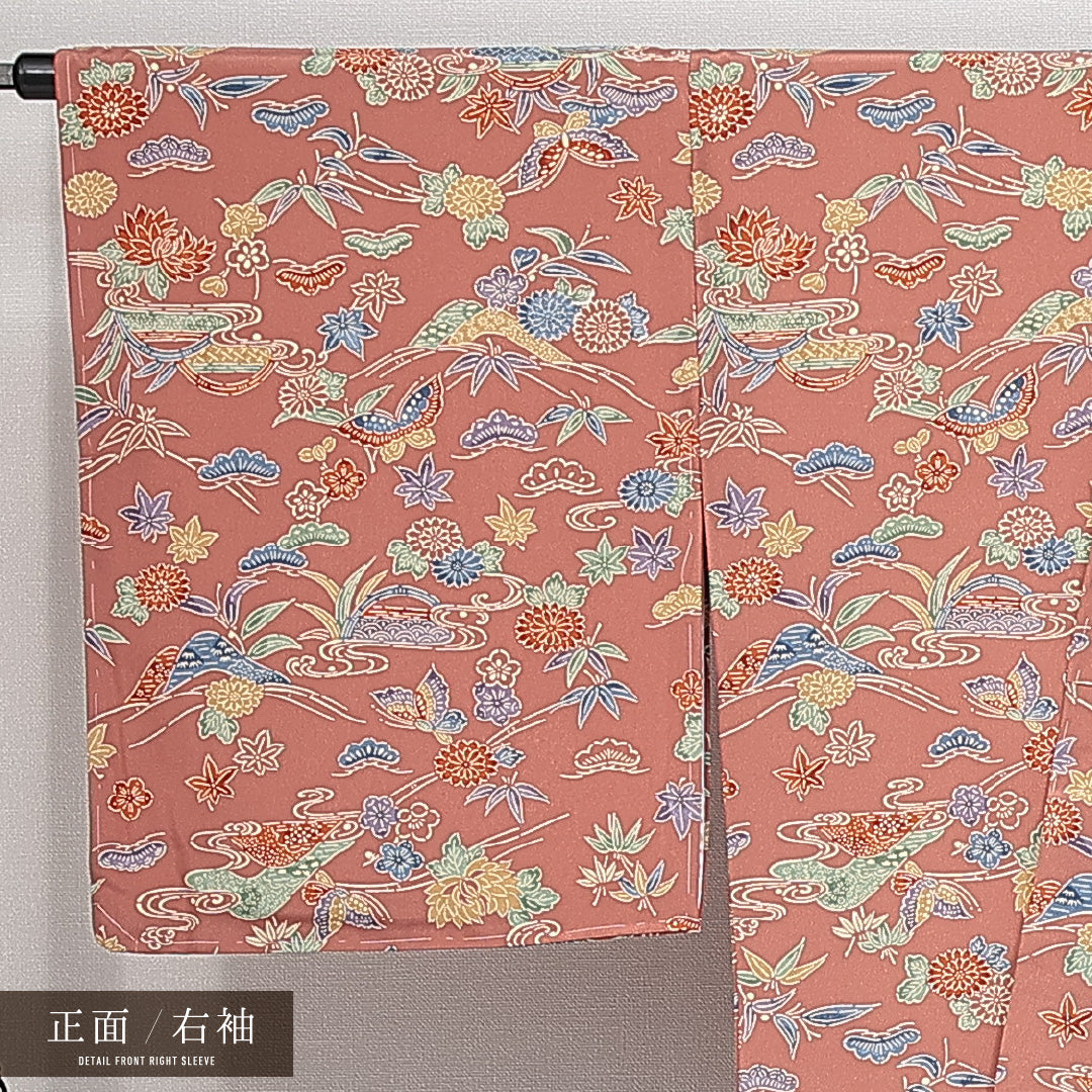 洗える着物 小紋 袷 身丈168cm 裄丈66cm ポリエステル Sランク インフォーマル 広衿 XLサイズ 型染め ガード加工 蝶 古典柄 朱系 RP 1221-14731