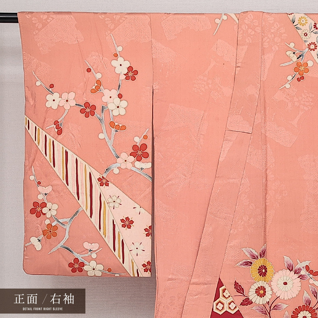 アンティーク 訪問着 (錦紗) 袷 身丈152cm 裄丈62cm 正絹 Aランク バチ衿 Sサイズ 吉祥文様 ピンク系 M4 1217-14233