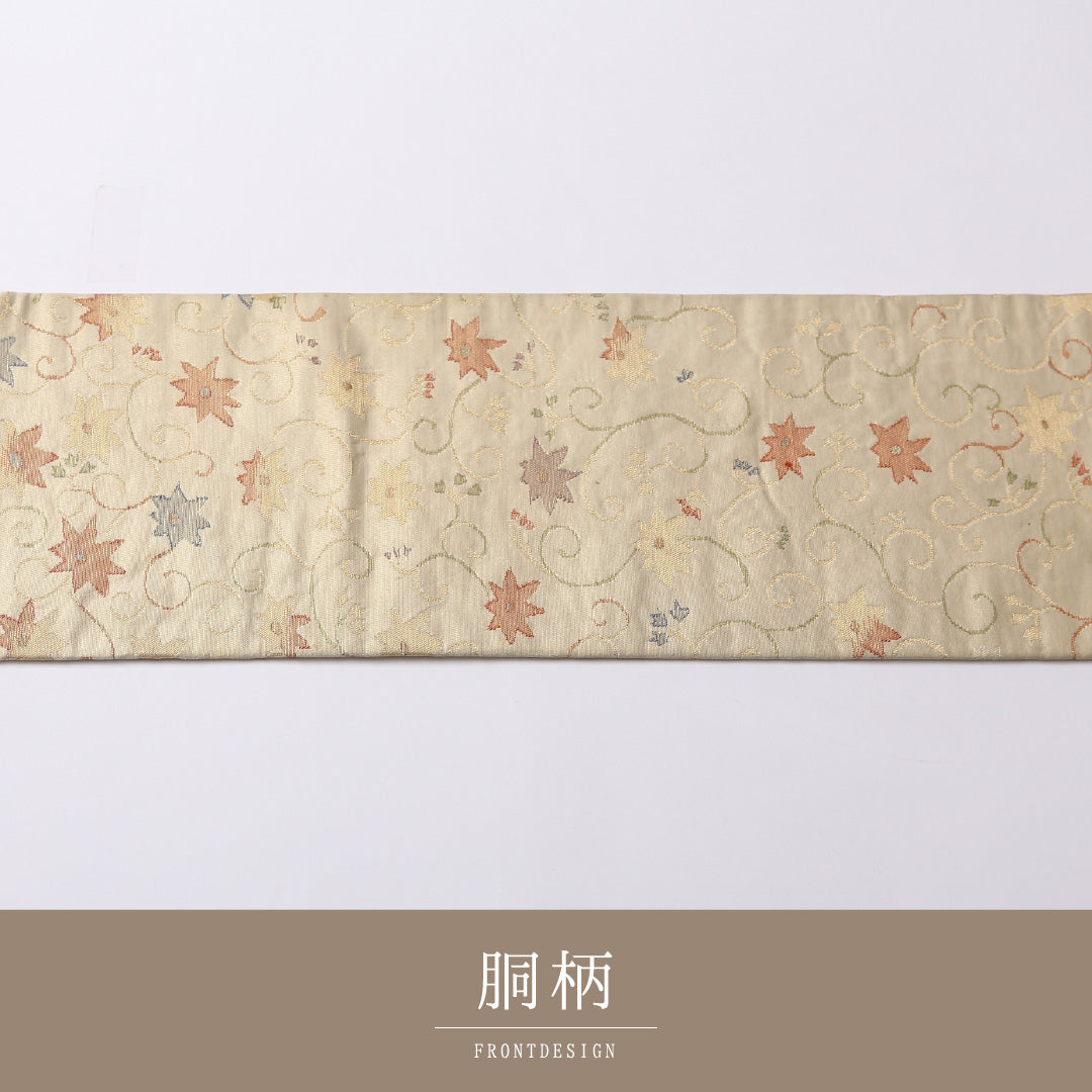 九寸名古屋帯 Cランク 帯丈362cm 正絹 六通 名古屋仕立て 織り インフォーマル 唐草 楓 紅葉 クリーム系 RP 1245-02707