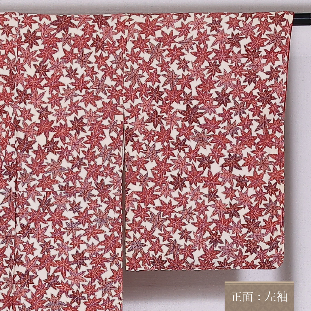 小紋 袷 身丈149.5cm 裄63.5cm 正絹 紅葉 赤系 Cランク 1215-02466