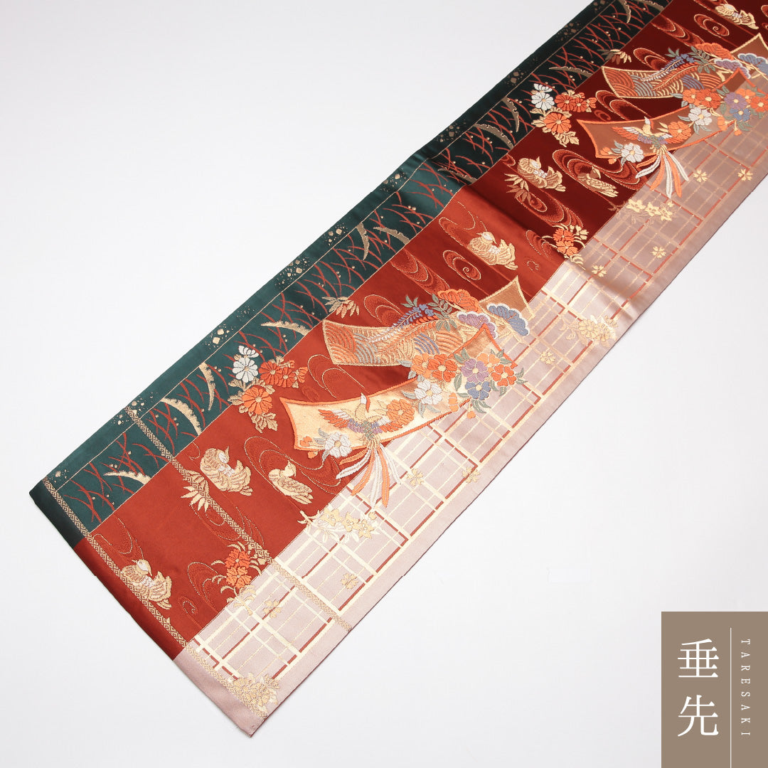 振袖用 袋帯 帯丈424cm 正絹 六通 鴛鴦 短冊 流水 赤系 緑系 1243-01249
