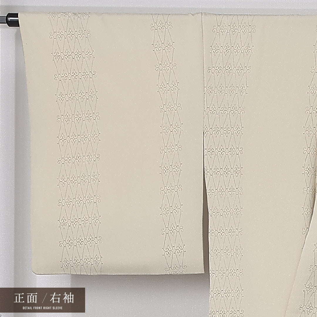 洗える着物 付下げ 袷 身丈168cm 裄丈65cm ポリエステル Aランク 一つ紋 (梅鉢) セミフォーマル 広衿 XLサイズ 刺繍 花柄 クリーム系 RP 1218-12395