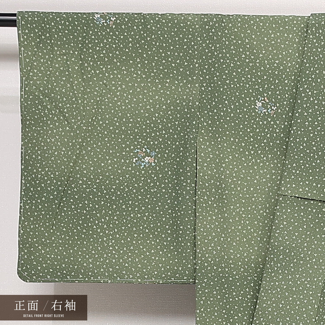 未使用品 洗える着物 小紋 袷 身丈157cm 裄丈64cm ポリエステル Nランク インフォーマル 広衿 Mサイズ しつけ糸 桜 緑系 RP 1221-13317