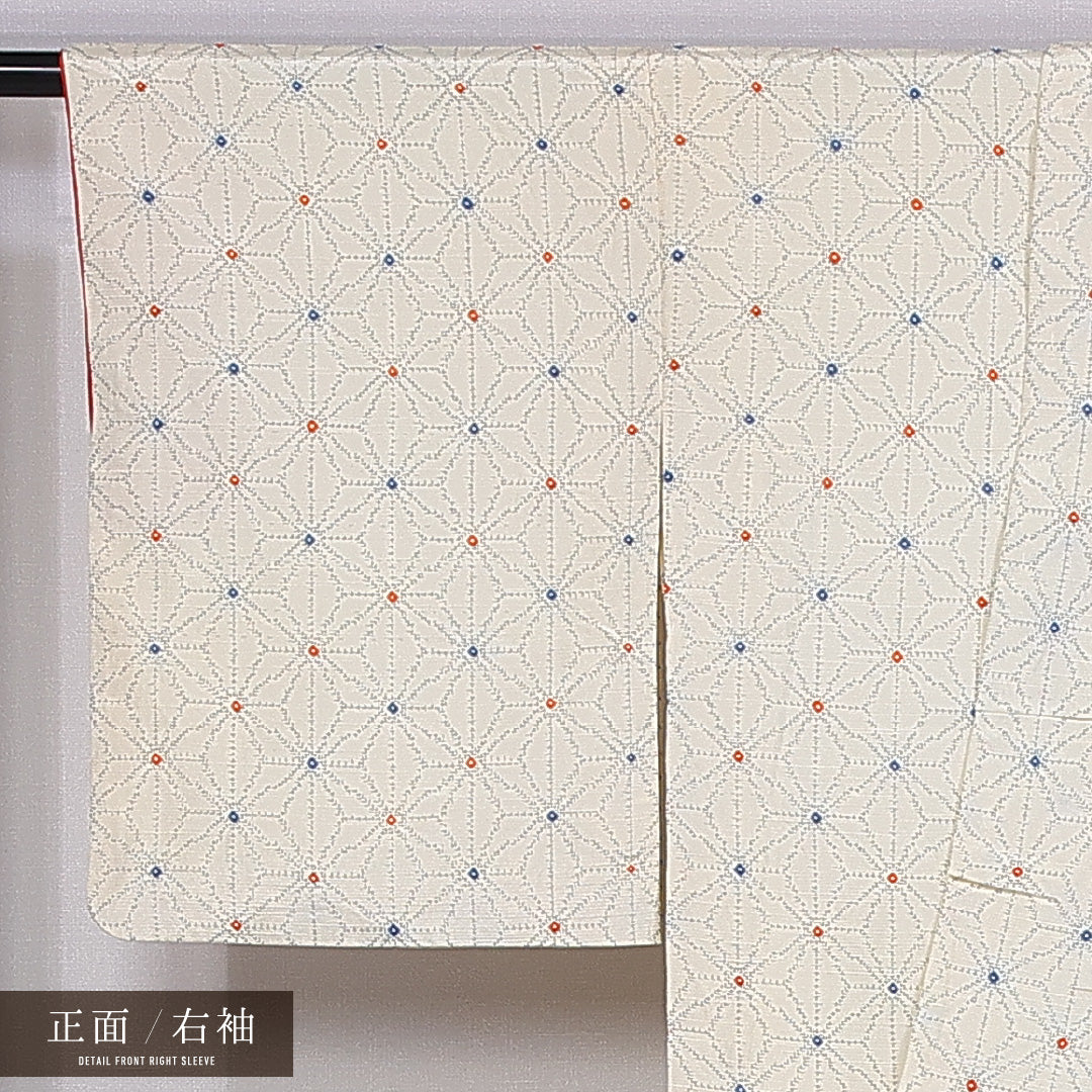 小紋 袷 身丈166cm 裄丈64cm 正絹 Aランク インフォーマル 広衿 XLサイズ 麻の葉 ベージュ系 RP 1221-11355