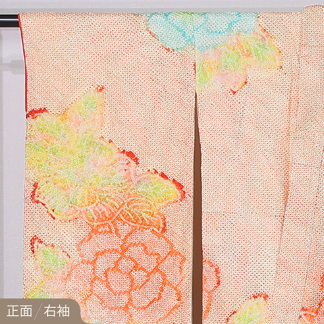 振袖 （総絞り） 身丈157cm 裄丈65cm Bランク 正絹 袷 バチ衿 M 牡丹 フォーマル 古典的 優しい 朱系 1213-F0458