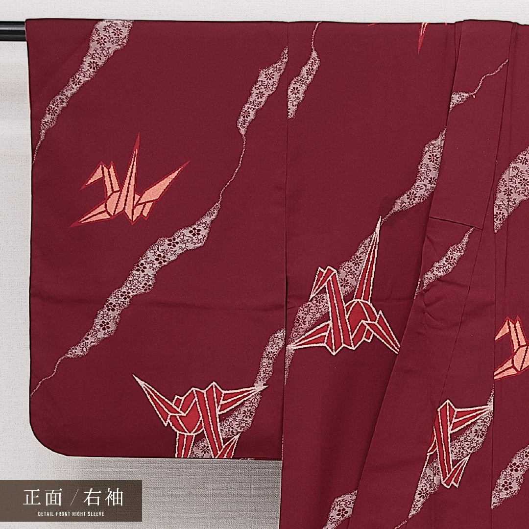 紬 袷 身丈148cm 裄丈63cm 正絹 Cランク カジュアル バチ衿 XSサイズ 折り鶴 青系 HP 1223-14569