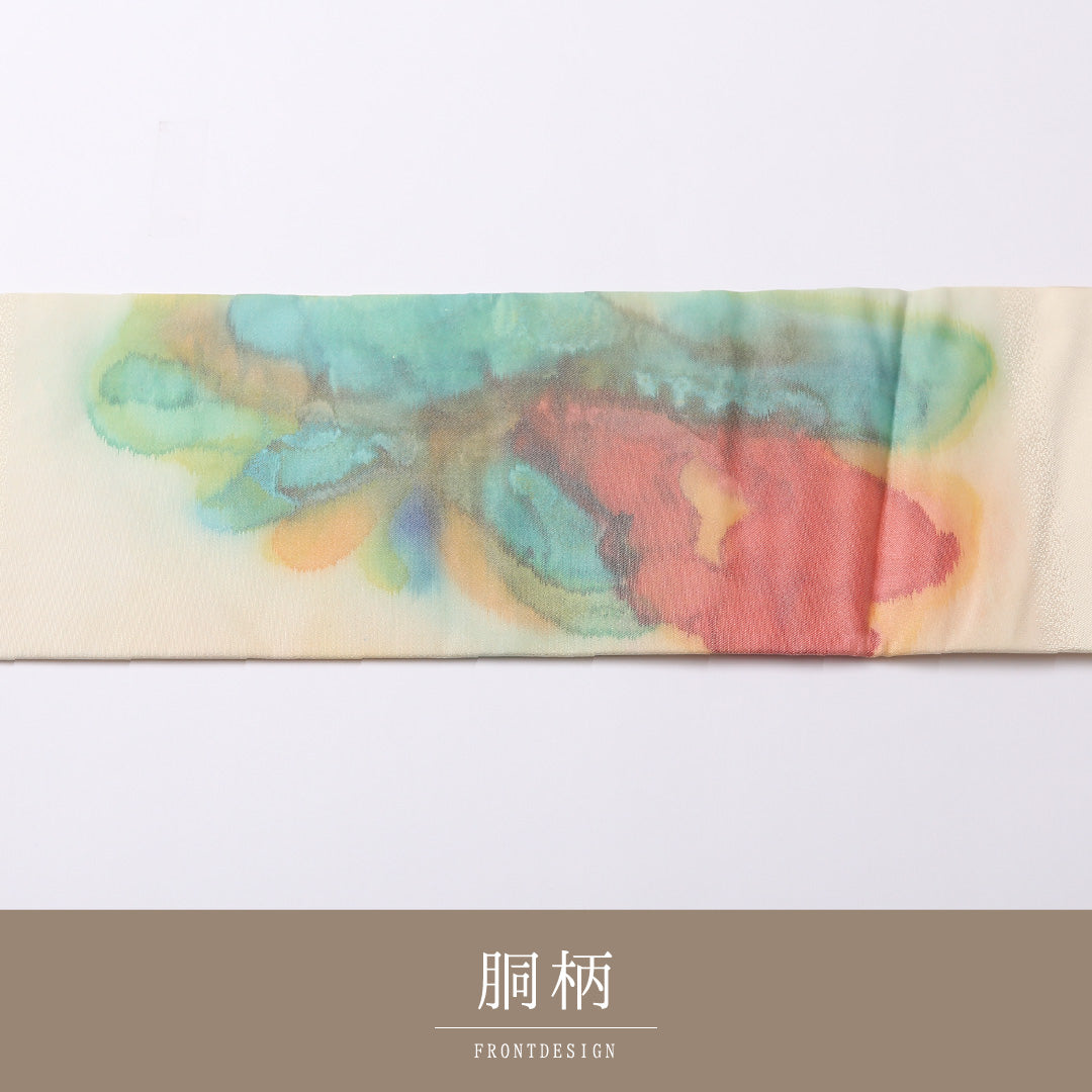 九寸名古屋帯 Sランク 帯丈354cm 正絹 ポイント柄 名古屋仕立て 織り カジュアル 塩瀬 創作柄 クリーム系 M4 1245-02553