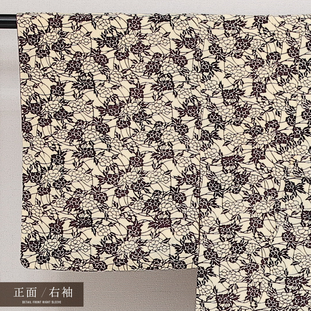 小紋 袷 身丈154cm 裄丈62cm 正絹 Aランク インフォーマル 広衿 Sサイズ 唐草牡丹 クリーム系 HP 1221-14518