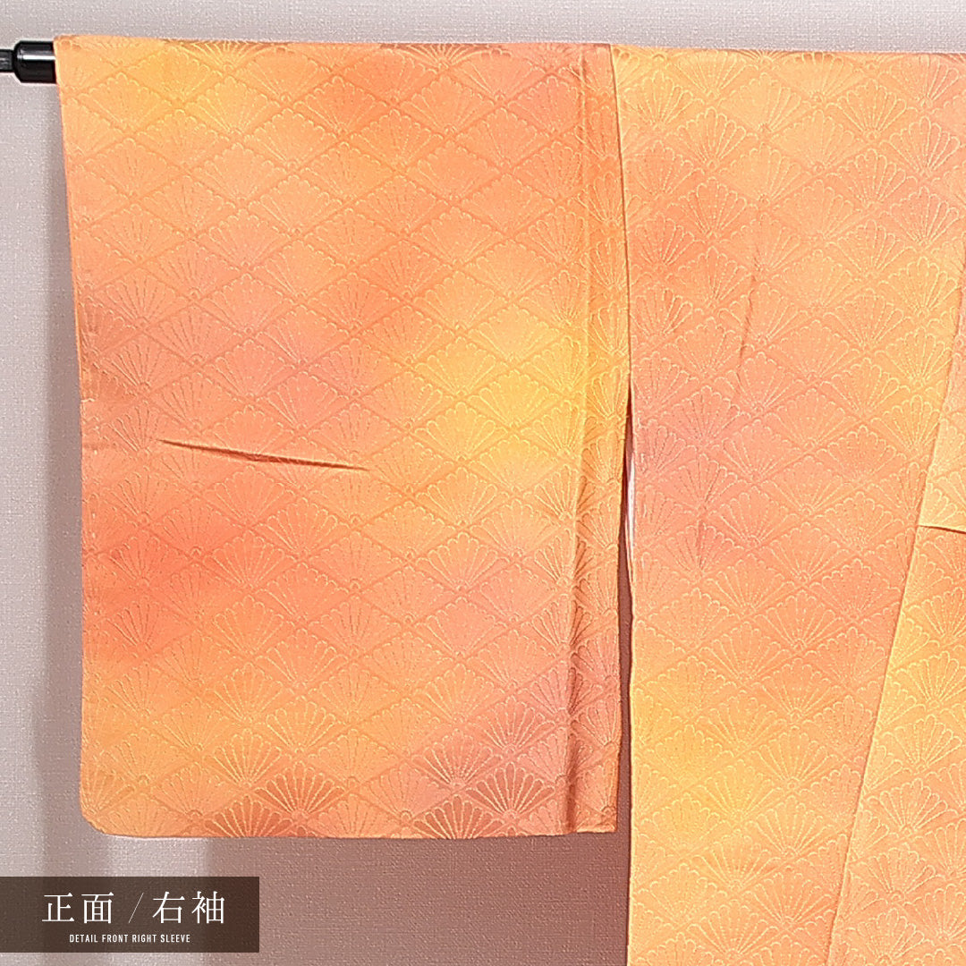 色無地 洗える着物 袷 身丈164cm 裄丈64cm ポリエステル Sランク Lサイズ 広衿 インフォーマル 紋意匠 菊菱 朱系 1214-14999