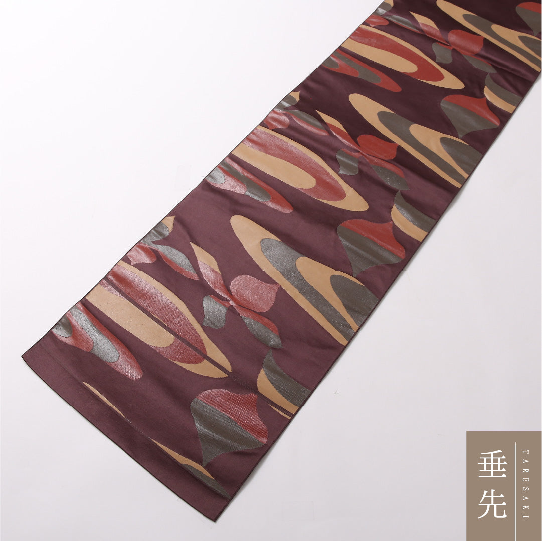 八寸名古屋帯 Aランク 帯丈357cm 正絹 全通 松葉仕立て 織り カジュアル 創作柄 茶系 RP 1245-02946