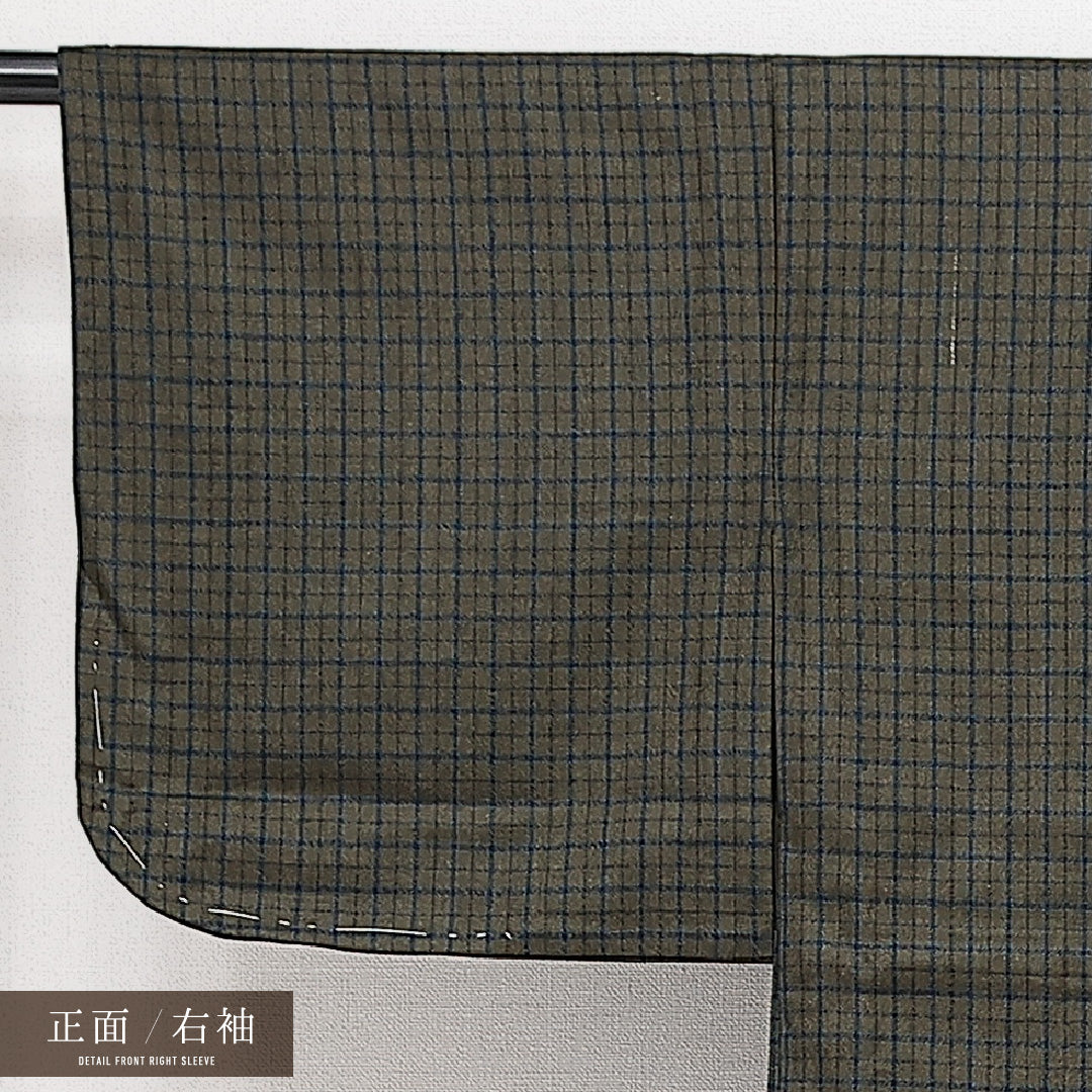 洗える着物 ウールの紬 単衣 身丈151cm 裄丈63cm ウール Aランク カジュアル 広衿 Sサイズ 居敷当て 肩当て 格子 緑系 HP 1223-14568
